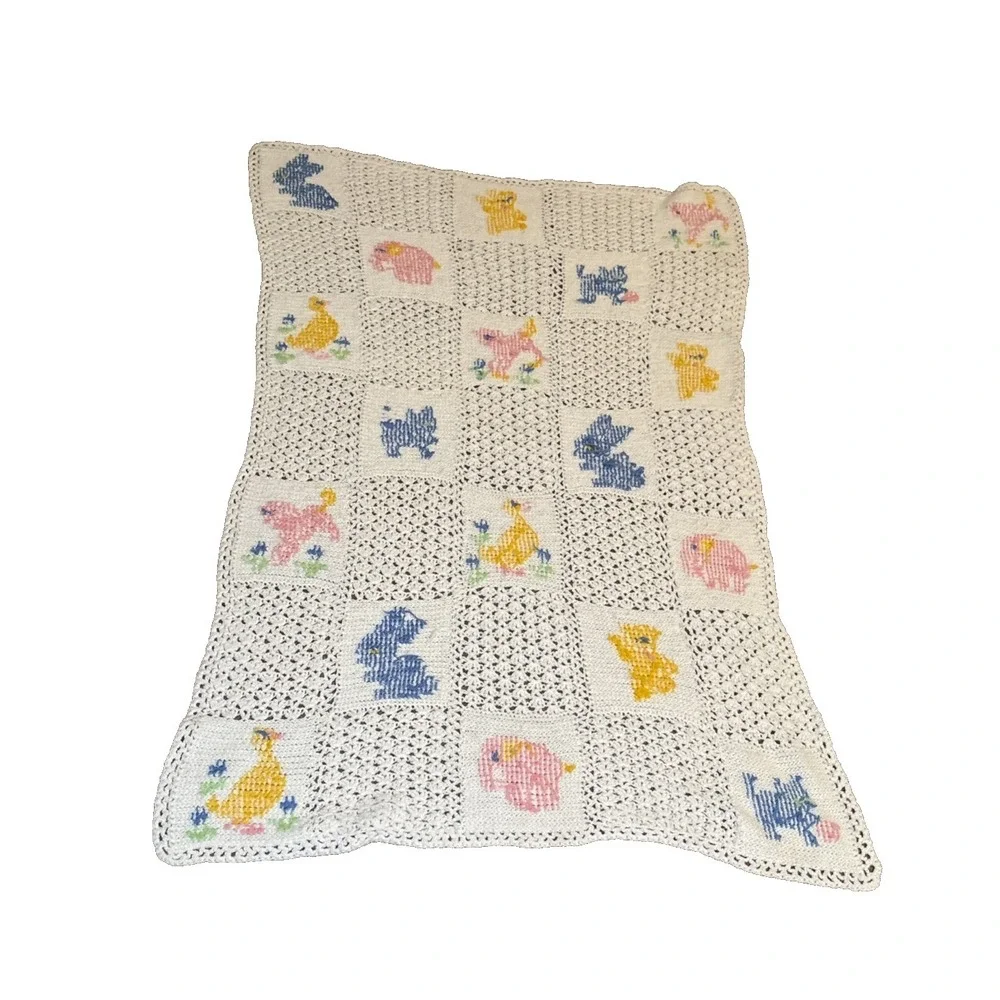 Vintage Crocheted Baby Blanket White With Pastel Animals Duck Bunny Kitten 28x46